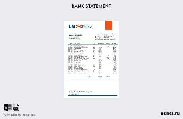 цифровая загрузка шаблона слова банковской выписки UBI BANCA в Италии